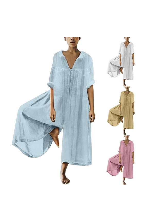 Jumpsuits for Women Cotton Linen Half Sleeve Overalls Solid Casual Wide Leg Rompers Loose Fit V Neck One Piece Pants Blue XL