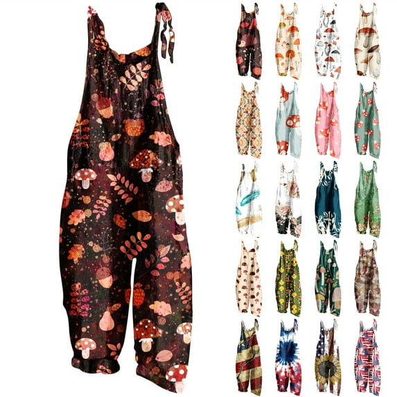 QATAINLAV Jumpsuits for Women Linen Sleeveless Wide Leg Rompers Summer Adjustable Strap Overalls Cute Mushroom Print Playsuits with Pockets Beach Outfits Prime Today Brown XXL