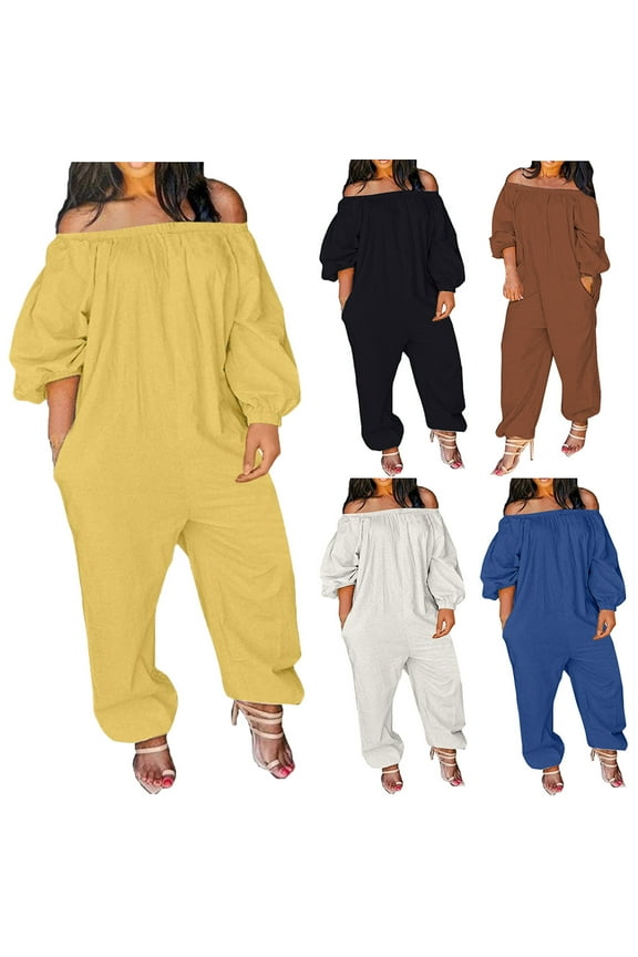 Jumpsuits for Women Loose Fit Off Shoulder Overalls Solid Casual Beam Foot Rompers One Piece Jumper Pants with Pockets 2025 Fall Clothes Prime Sales White M