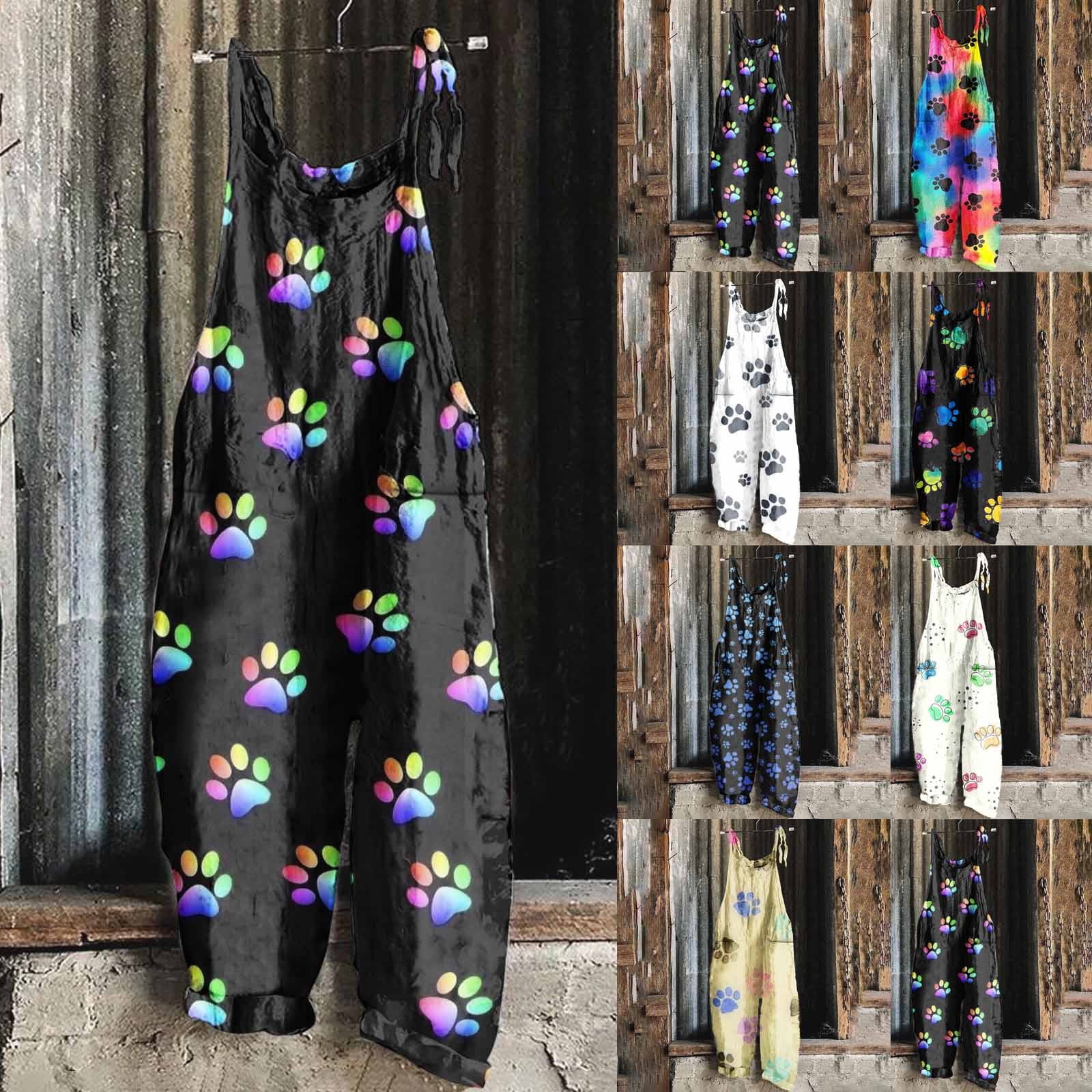 QATAINLAV Jumpsuits for Women Summer, Dog Paw Printed Hippie Overalls