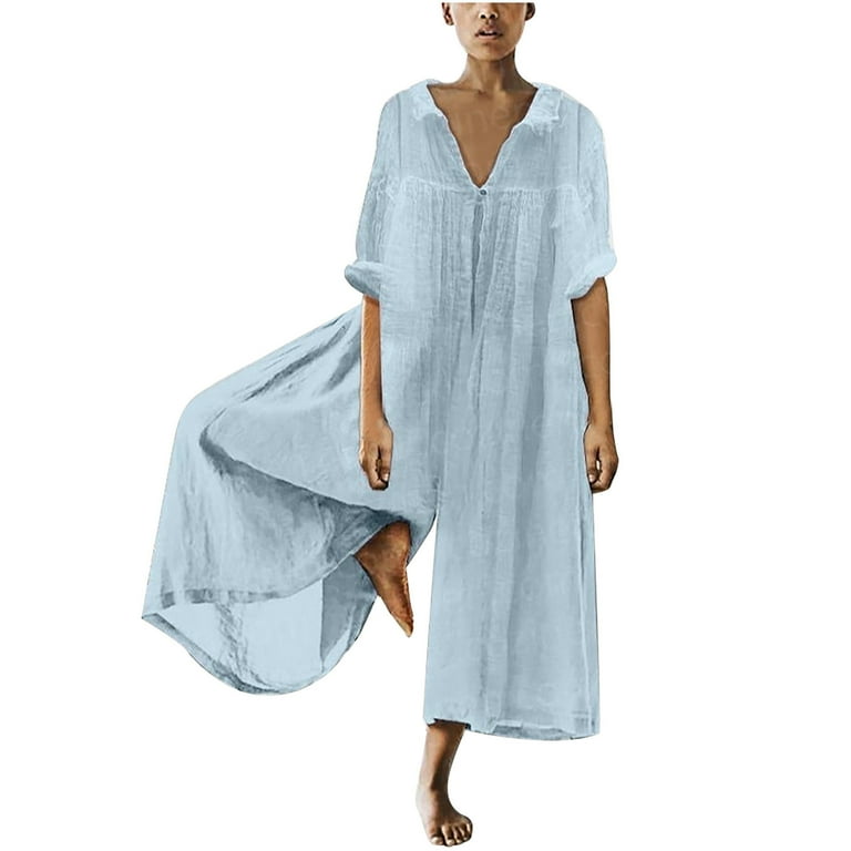 QATAINLAV Jumpsuits for Women V Neck Linen Wide Leg Overalls Long Sleeve Solid Color Jumpers Casual Baggy Plus Size One Piece Pants Summer Rompers Blue XXL Walmart