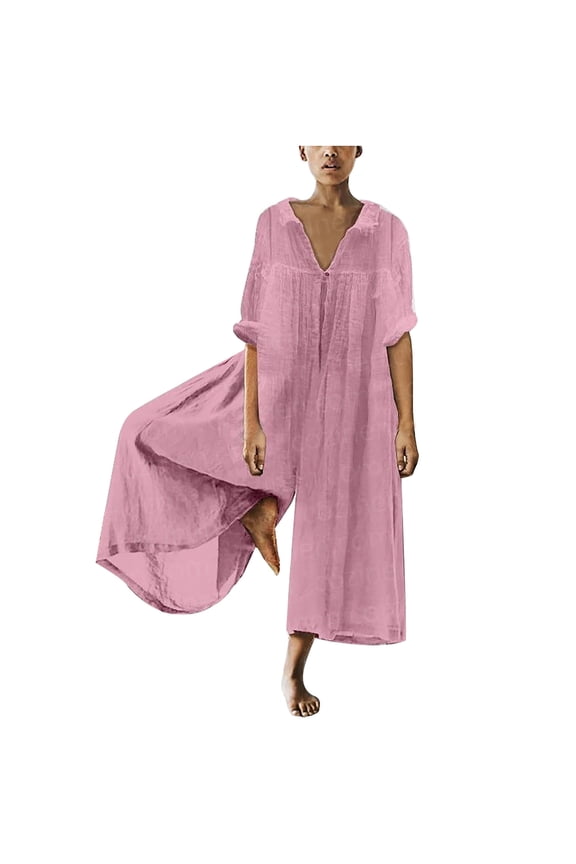 Jumpsuits for Women V-Neck Linen Wide Leg Overalls Long Sleeve Solid Color Jumpers Casual Baggy Plus Size One Piece Pants Summer Rompers, Pink, L