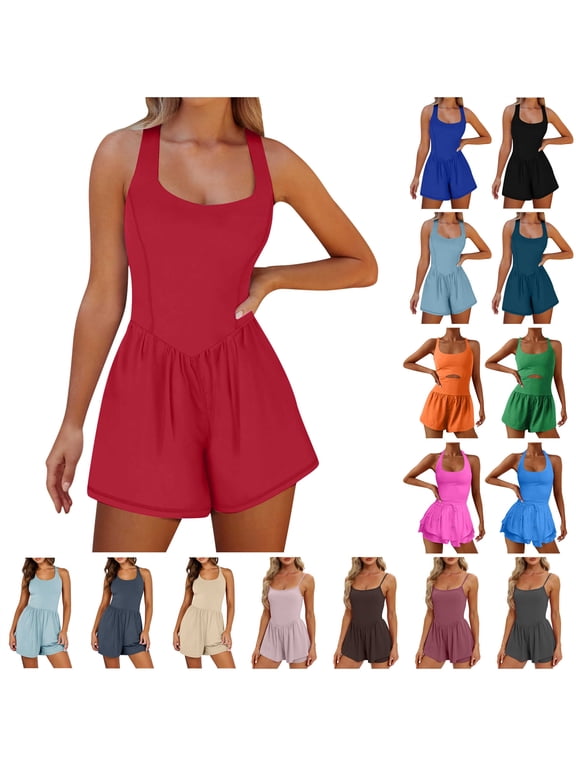 Jumpsuits for Women Workout Running Romper Onesie Shorts Summer Casual Athletic Overalls Basic Solid Gym Yoga Outfits Loose Going Out One Piece Pants Birthday Gifts Army Green M