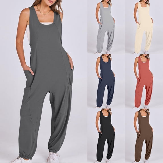 QATAINLAV Jumpsuits for Women Casual Sleeveless Strap Overalls Solid Color Baggy One Piece Jumper Pants with Pockets Gray M