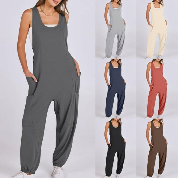QATAINLAV Jumpsuits for Women Casual Sleeveless Strap Overalls Solid Color Baggy One Piece Jumper Pants with Pockets Lightening Sales Khaki XXXXL