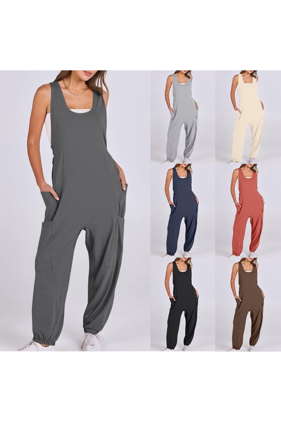 Jumpsuits for Women Casual Sleeveless Strap Overalls Solid Color Baggy One Piece Jumper Pants with Pockets Sales Prime Gray XXL