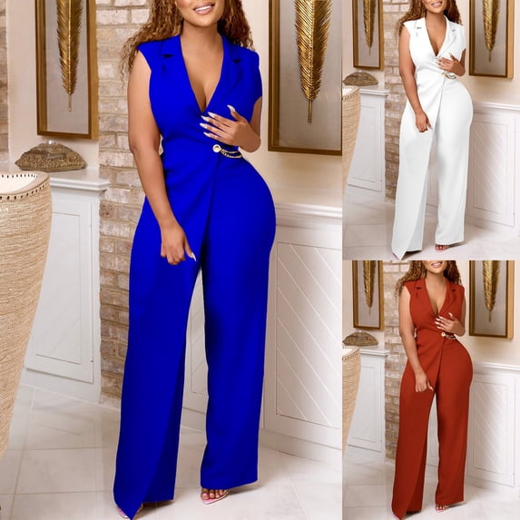 QATAINLAV Jumpsuits for Women Dressy Formal V Neck Sleeveless Wide Leg Long Pants Rompers Business Party One Piece Outfits, Brown, M