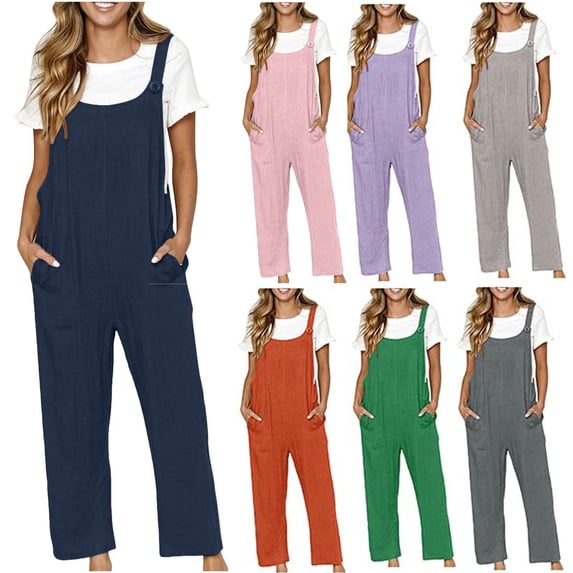 QATAINLAV Jumpsuits for Women Plus Size Sleeveless Square Neck Linen Overalls Loose Fit Dressy Casual Long Rompers with Pockets Pink M