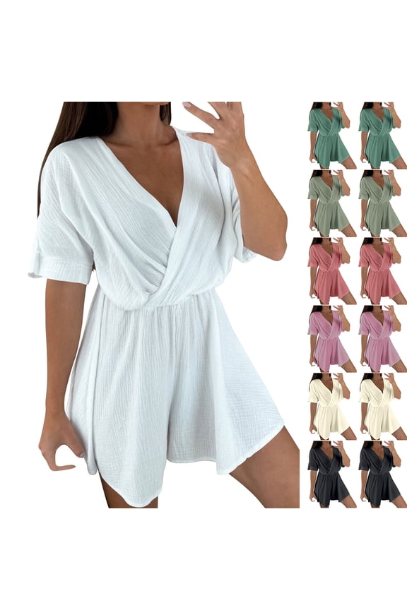 Jumpsuits for Women Short Sleeve Wrap V Neck Rompers Loose Casual Dressy Ruffle One Piece Shorts Party Club Outfits, Pink, S