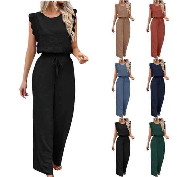 QATAINLAV Jumpsuits for Womens Casual Dressy Summer One Piece Pants Cute Lace Sleeveless Crew Neck Long Rompers with Drawstring, Light Blue, M