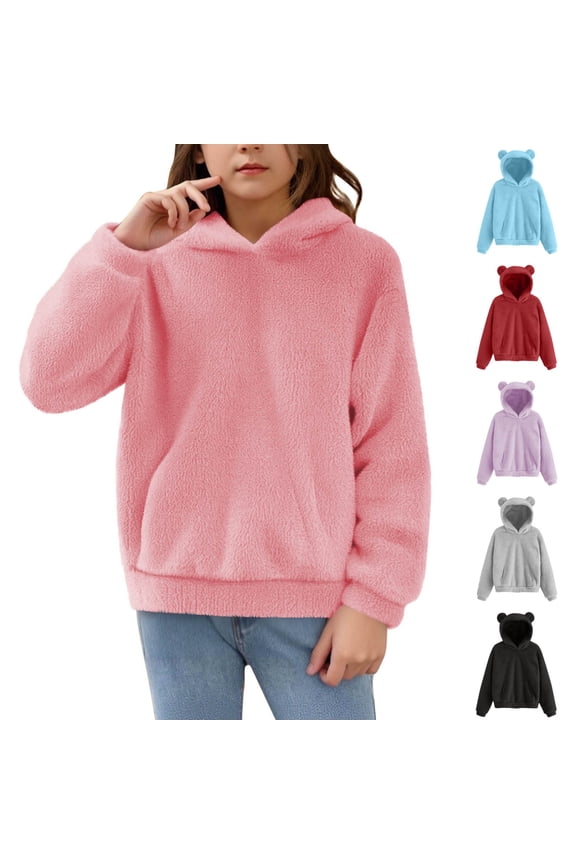 Kids Fall Winter Plush Hoodie Cute Teddy Bear Ears Hooded Fluffy Sherpa Sweatshirt Girls Fleece Warm Long Sleeve Pullover Tops, Gray, 6-7Years