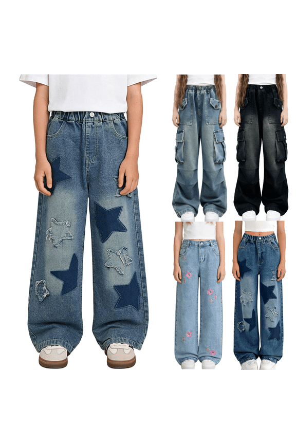 Kids Girls Baggy Y2K Cargo Jeans Washed Wide Leg Elastic High Waist Denim Pants Distressed Vintage Streetwear with Pockets Blue,5-6Years