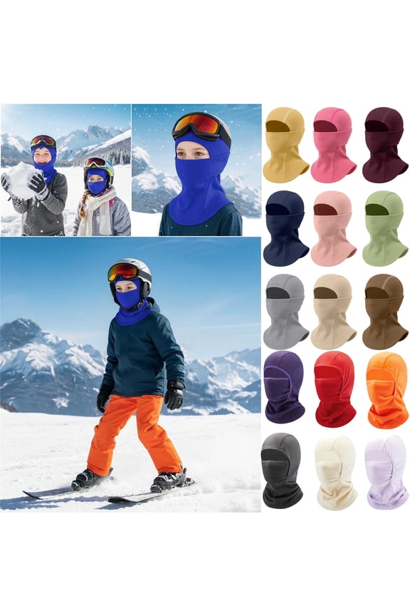 Kids Winter Warm Ski Mask Boys Girls Fleece Face Cover Mask for Skiing Cycling Scarf Hood, Red, 5-12Years
