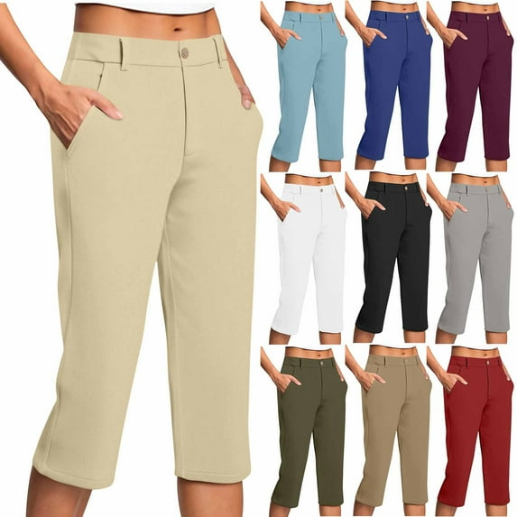 QATAINLAV Knee Length Dress Pants for Women Button Open Front Dressy Casual Business Work Capris Solid Color Straight Leg Cropped Yoga Pants with Pockets Dark Blue XL Mother's Day Gifts