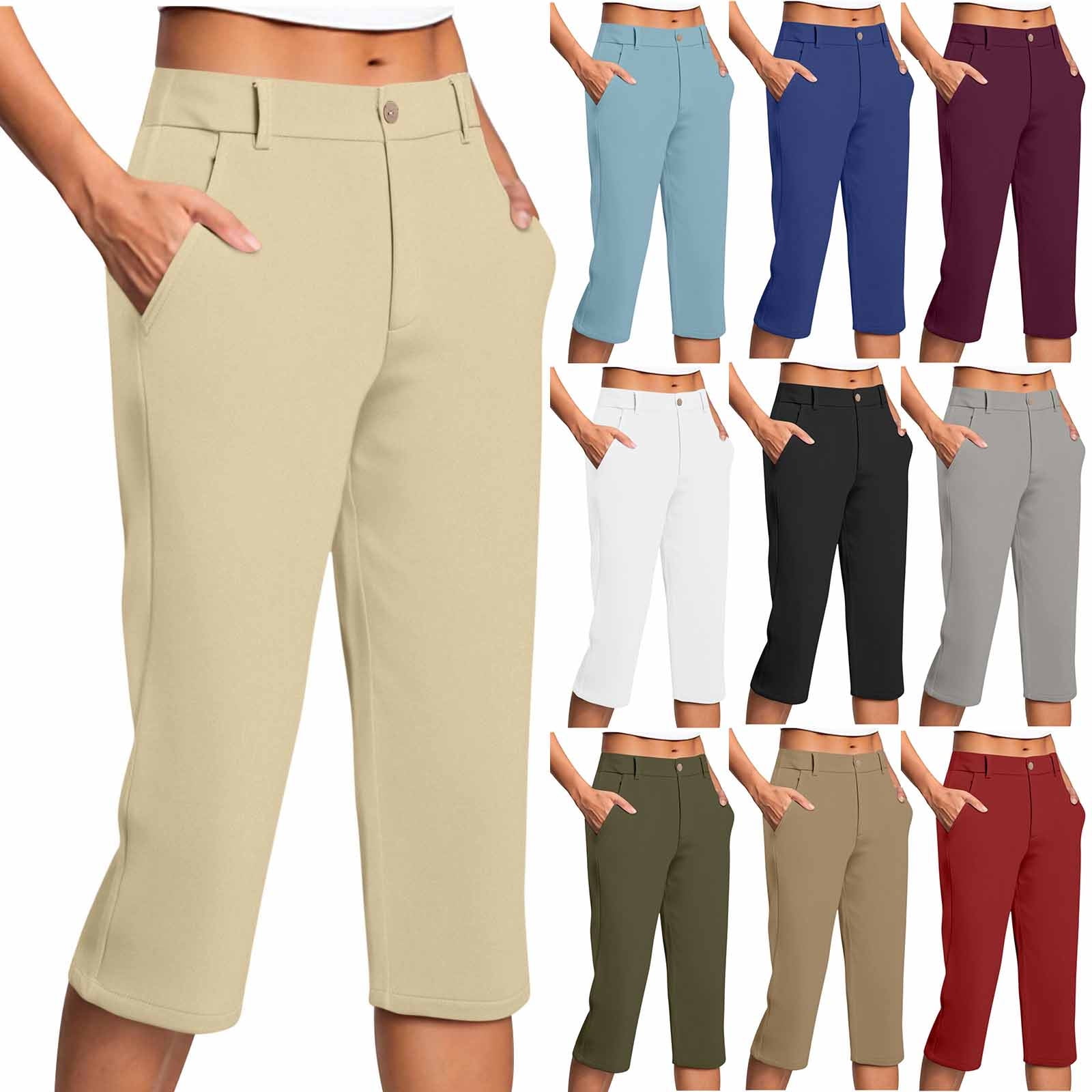 Qatainlav Knee Length Dress Pants for Women Button Open Front Dressy Casual Business Work Capris Solid Color Straight Leg Cropped Yoga Pants with