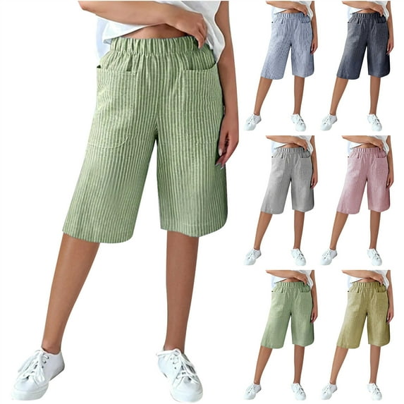 QATAINLAV Knee Length Shorts Women with Pockets Trendy Stripe Print Beach Shorts Summer Casual Elastic Waist Going Out Short Pants Back to School Clothes Light Blue L