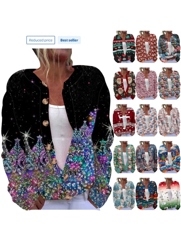 Multicolor Knit Christmas Cardigan for Women Open Front Long Sleeve Graphic Sweaters Xmas Santa Claus Print Button Down Cute Cardigans, L