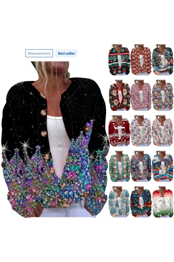 Multicolor Knit Christmas Cardigan for Women Open Front Long Sleeve Graphic Sweaters Xmas Santa Claus Print Button Down Cute Cardigans, L