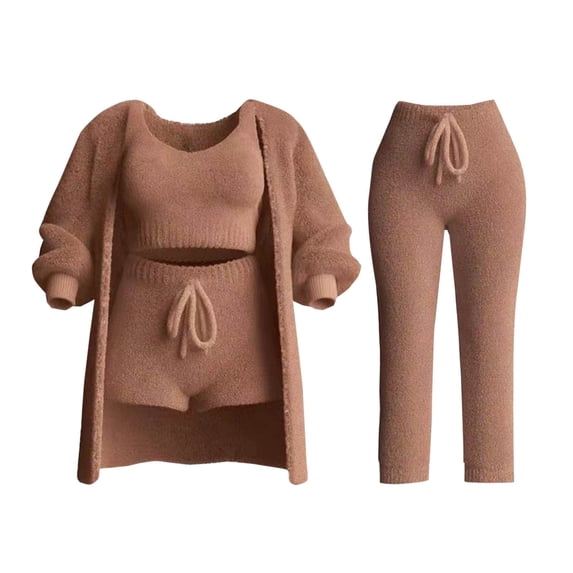 QATAINLAV Knit Set for Women Casual Long Sleeve Open Front Cardigan Sweaters Sleeveless Tank Tops Drawstring Shorts and Pants 4 Piece Sets Fall Outfits Daily Sales Brown 3XL