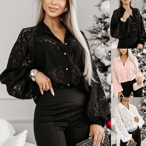 QATAINLAV Lace Button Down Shirts for Women Long Sleeve Casual Lapel Tops Solid Color Elegant Cardigan Blouses Pink L Mother's Day Gifts
