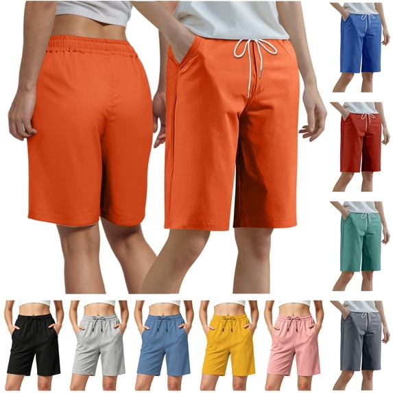 QATAINLAV Ladies Bermuda Shorts High Waisted Knee Length Sweat Shorts Casual Drawstring Athletic Long Shorts with Pockets Pink S