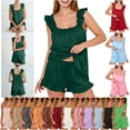 thumbnail image 1 of QATAINLAV Womens Pajamas Set 2 Piece Linen Summer Going Out Outfits Casual Sleeveless Tank Tops and Ruffle Hem Shorts Sleepwear Sets, Pink, XL, 1 of 9