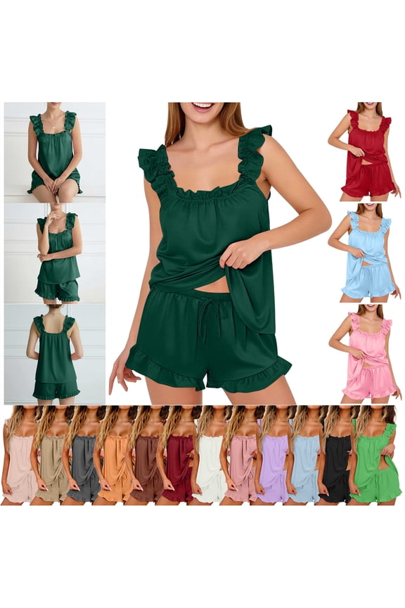 Womens Pajamas Set 2 Piece Linen Summer Going Out Outfits Casual Sleeveless Tank Tops and Ruffle Hem Shorts Sleepwear Sets, Wine, XL