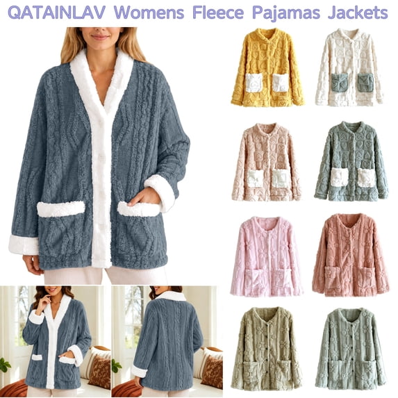 QATAINLAV Ladies Fleece Pajamas Tops Cozy Warm Bed Jackets Button Up Long Sleeve Sleepwear Winter Coat Yellow XL
