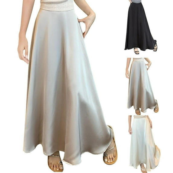 QATAINLAV Ladies Maxi Skirts Womens Casual Solid Satin A Line Long Skirt Vacation Comfy Loungewear, White, XXXL, Mothers Day Gifts