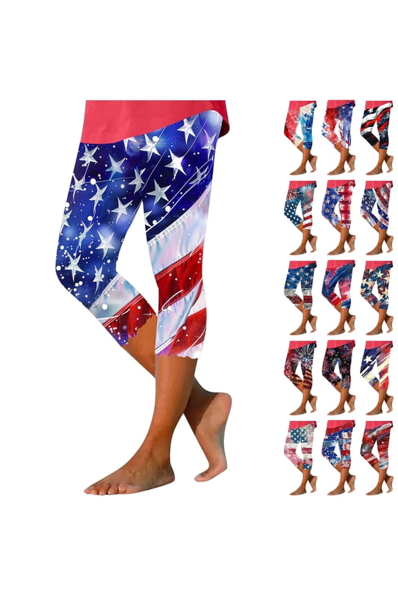 Ladies Patriotic Leggings 4th of July Outfits Cute American Flag Print Cropped Yoga Pants Workout Tights Blue XXL Gifts for Mom