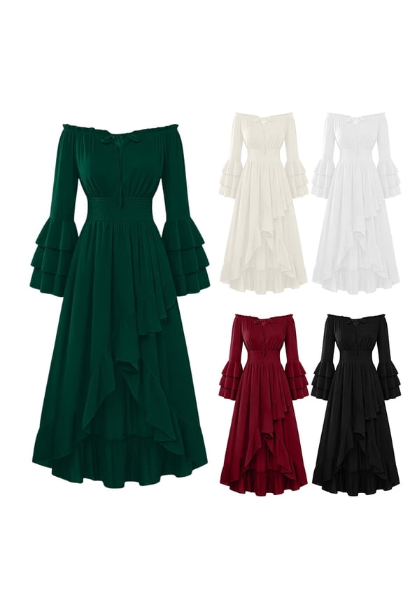 Ladies Renaissance Dress Medieval Off Shoulder Peasant Flowy Ruffle Sleeve Maxi Wedding Guest Dress Wine XL