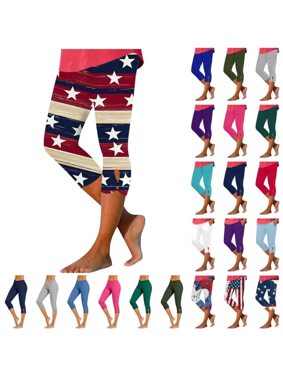 Ladies Summer Capri Leggings 4th of July Patriotic Cropped Pants American Flag Print High Waisted Tight Yoga Workout Legging Capris Navy XL