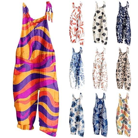 QATAINLAV Ladies Summer Jumpsuits Baggy Wide Leg Floral Printed Bib Overalls Linen Sleeveless Spaghetti Strap Rompers Multicolor L