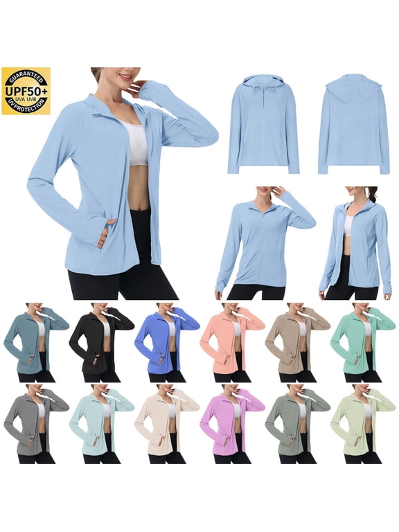Ladies Sun Protection Hoodie UPF 50+ Long Sleeve Zip Up Sun Shirts Summer Lightweight Outdoor Athletic Jacket with Zipper Pockets White L