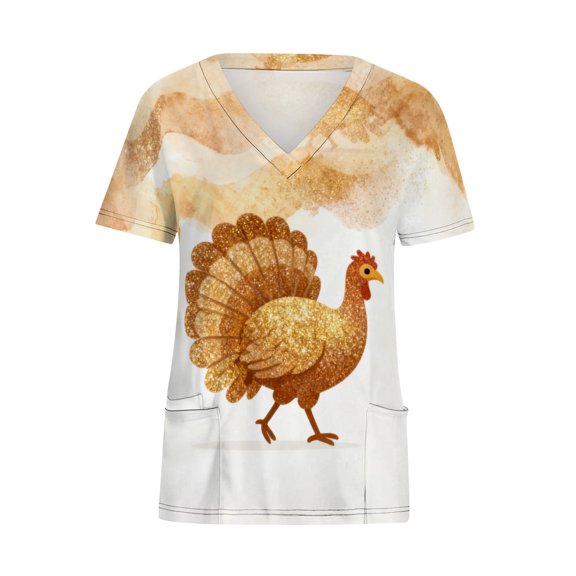 QATAINLAV Ladies Thanksgiving Scrub Tops Short Sleeve Turkey Printed Scrubs Blouse Fashion V Neck Nursing Working Uniform with Pockets