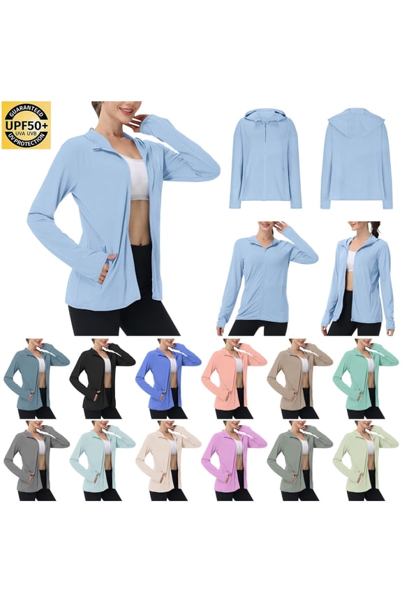 Ladies UPF 50+ Sun Protection Jacket Lightweight Full Zip Athletic Hoodie Long Sleeve Workout Shirts for Hiking Running with Pockets Gray M