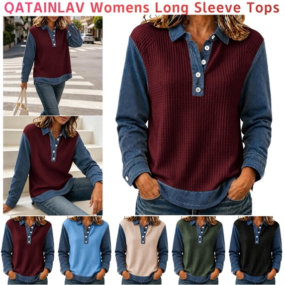 QATAINLAV Lapel Collar Long Sleeve Henley Shirt for Woman Turn Up Cuffs Waffle Knit Sweatshirt Going Out Tops