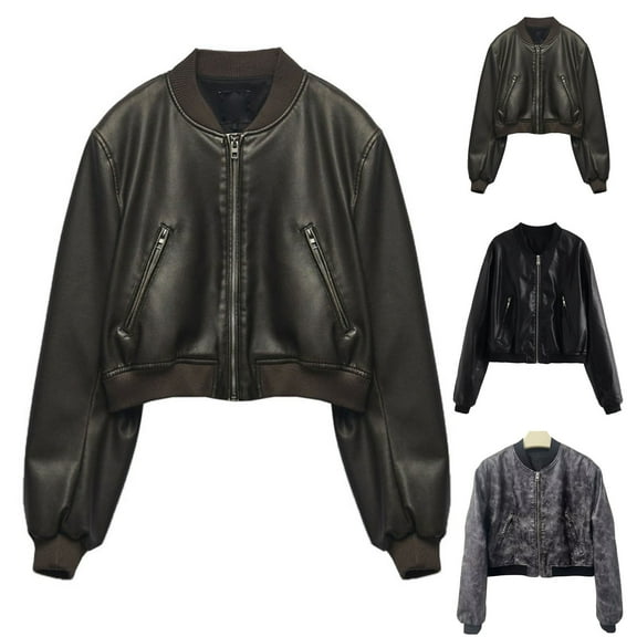 QATAINLAV Leather Cropped Bomber Jackets for Women Vintage Stand Collar Zip up Moto Bike Outwear with Pockets Streetwear, Black, L