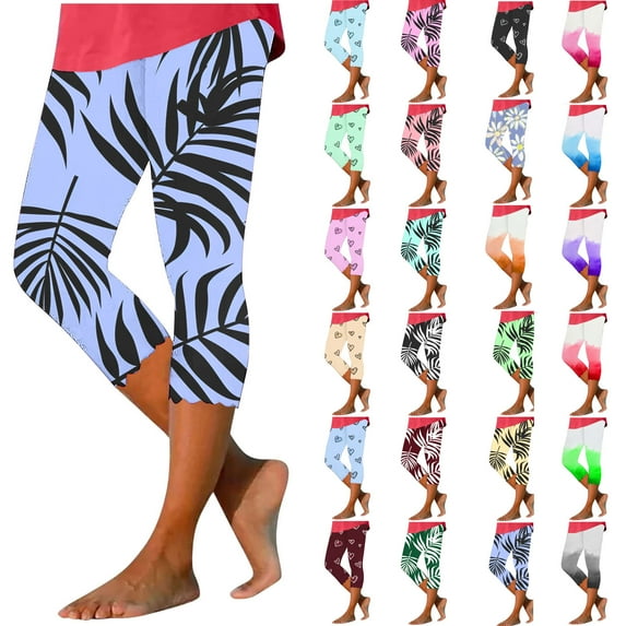 QATAINLAV Leggings for Women 2025 Summer Casual Milk Silk Soft Cropped Yoga Pants Fashion Heart Print High Waisted Workout Capri Leggings on Sale Clearance 2025 Blue XL