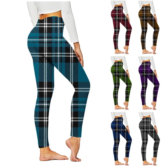 QATAINLAV Leggings for Women Fashion Plaid Running Yoga Tight Pants Stretch High Waisted Butt Lift Tummy Control Legging Trousers Today's Sales Blue L
