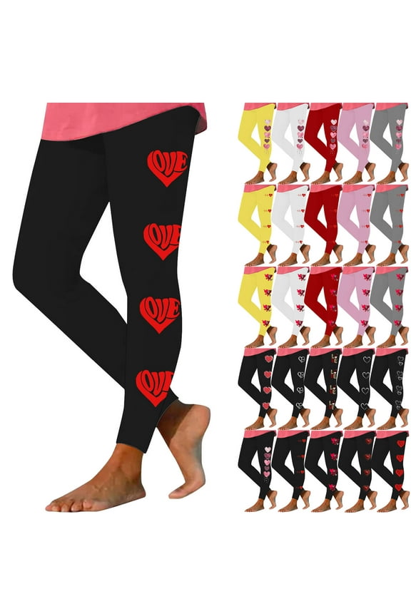 Leggings for Women Funny Love Heart Print Compression Leggings Casual High Waisted Tummy Control Tight Workout Yoga Pants Yellow M