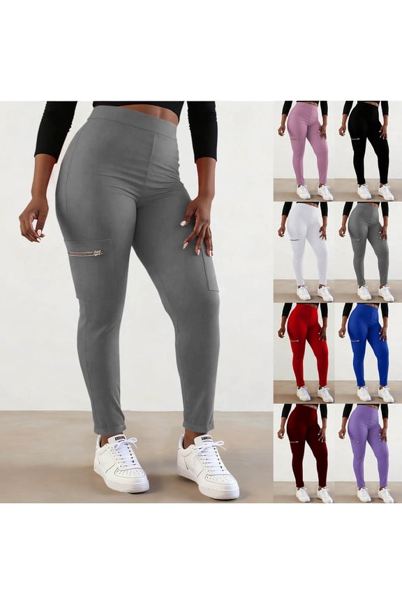 Leggings for Women High Waisted Zipper Pocket Yoga Pants Solid Color Casual Tummy Control Cargo Legging Trousers, Pink, XXL