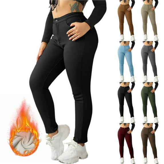 QATAINLAV Leggings with Pockets for Women Warm Fleece Sherpa Lined Tight Work Pants Solid Button High Waisted Yoga Trousers Winter Clothes, Khaki, M