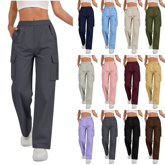 QATAINLAV Light Blue Cargo Pants Women Casual Elastic High Waisted Hiking Pants Loose Wide Straight Leg Trousers with Pockets