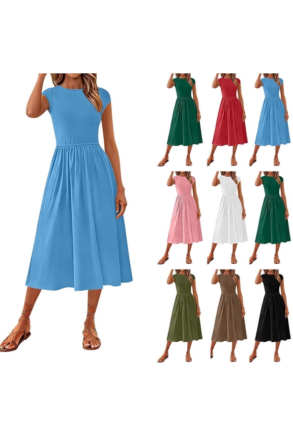 Light Blue Casual Midi Dress for Women Summer Short Sleeve Crew Neck Dresses Solid Color A Line Swing Dresswith Pockets L