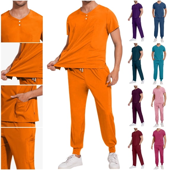 QATAINLAV Light Blue Scrubs Set for Men Short Sleeve Buttons Crewneck Henley Tops and Jogger Pants 2 Piece Sets with Pockets Nursing Uniform S