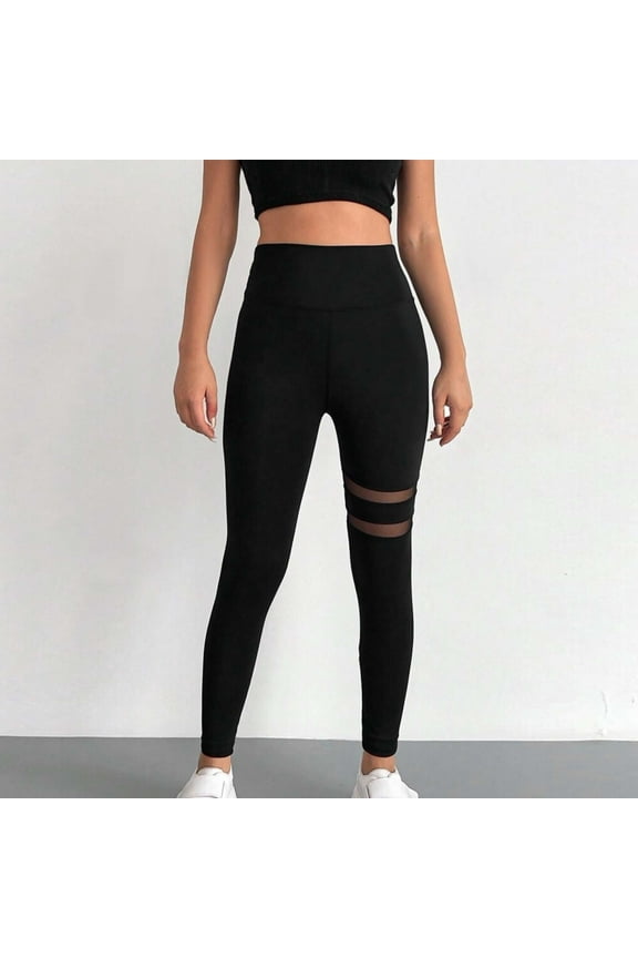 Lightening Sale Women's Mesh Insert Leggings High Waisted Skinny Yoga Workout Pants Tummy Control Slimming Fitness Running Leggings Black L