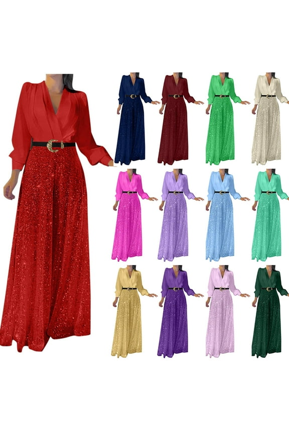 Lightening Sale Womens Loose V Neck Long Sleeve Jumpsuits Fashion Glitter Sequin Splicing Wide Leg Jumpsuit Evening Sparkly Fold One Piece Pants Party Outfit Hot Pink M