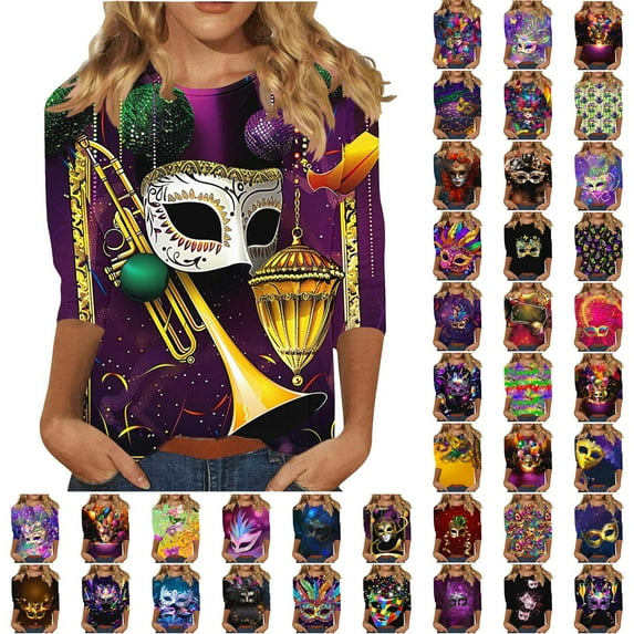 QATAINLAV Summer Savings 3/4 Length Sleeve Womens Mardi Gras Tops Sequin Print New Orleans Carnival Themed Tee Shirt Fat Tuesday Parade Blouse Multicolor L