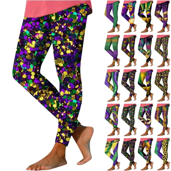 QATAINLAV Mardi Gras Outfit for Women,Casual High Waisted Workout Leggings Milk Silk Soft Sport Elastic Yoga Pants Carnival Theme Printed Tights Multicolor L